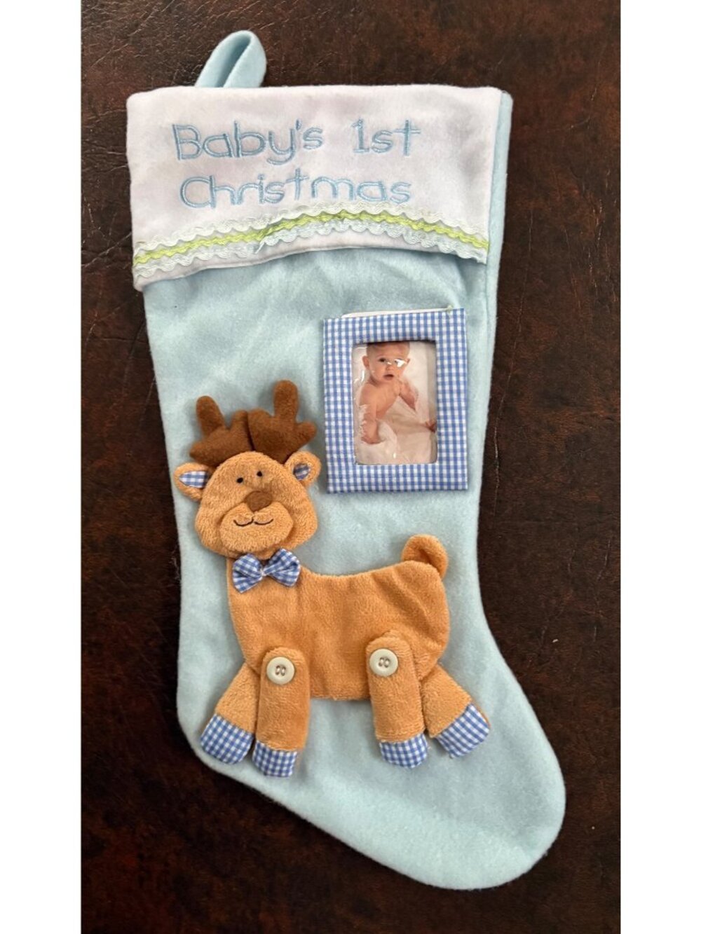 Babys First Christmas Blue Stocking Reindeer Photo Pocket Toys"R"Us 2017 Blue